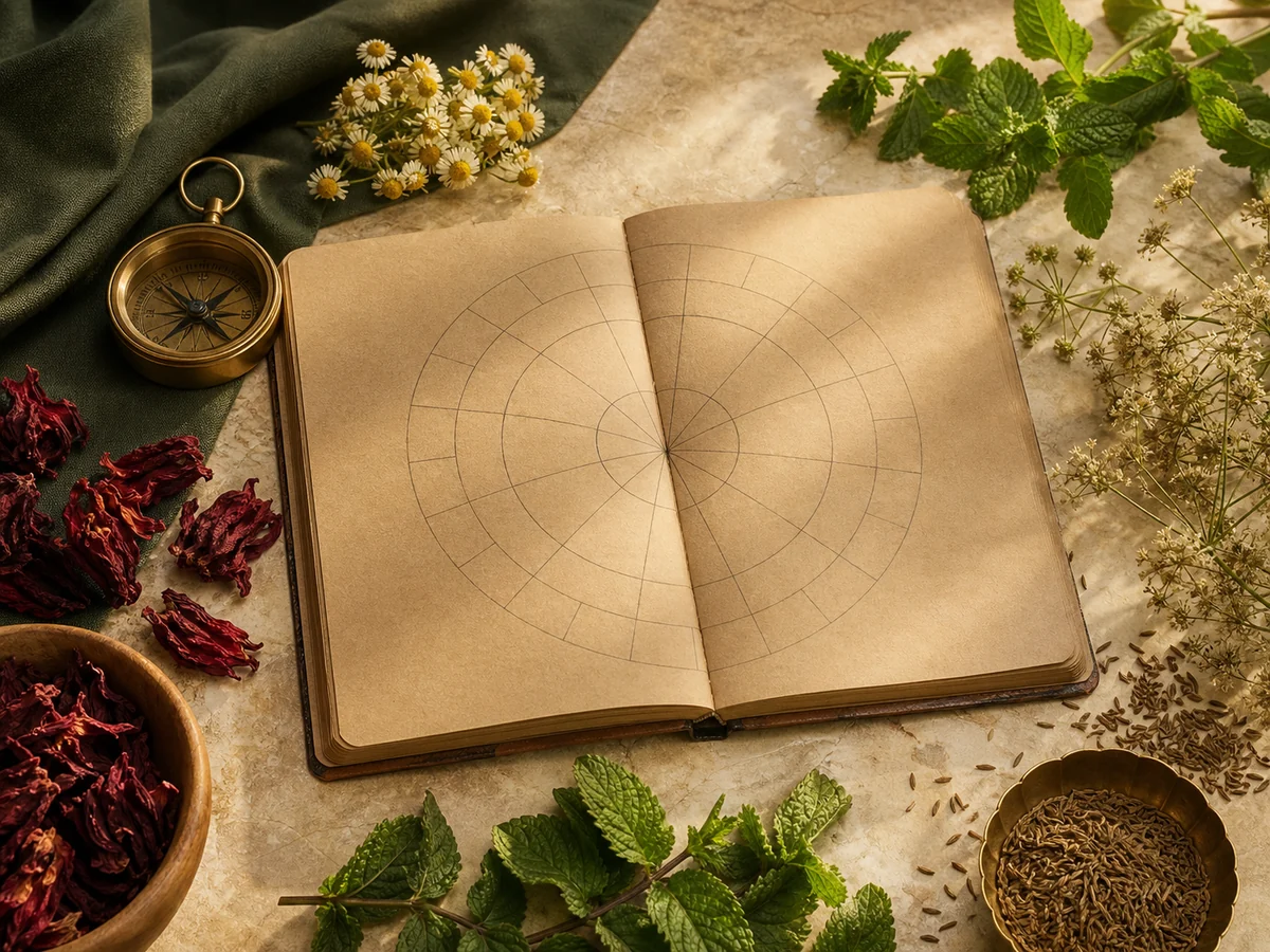 Editorial crop planning notebook surrounded by Egyptian herb and spice specimens
