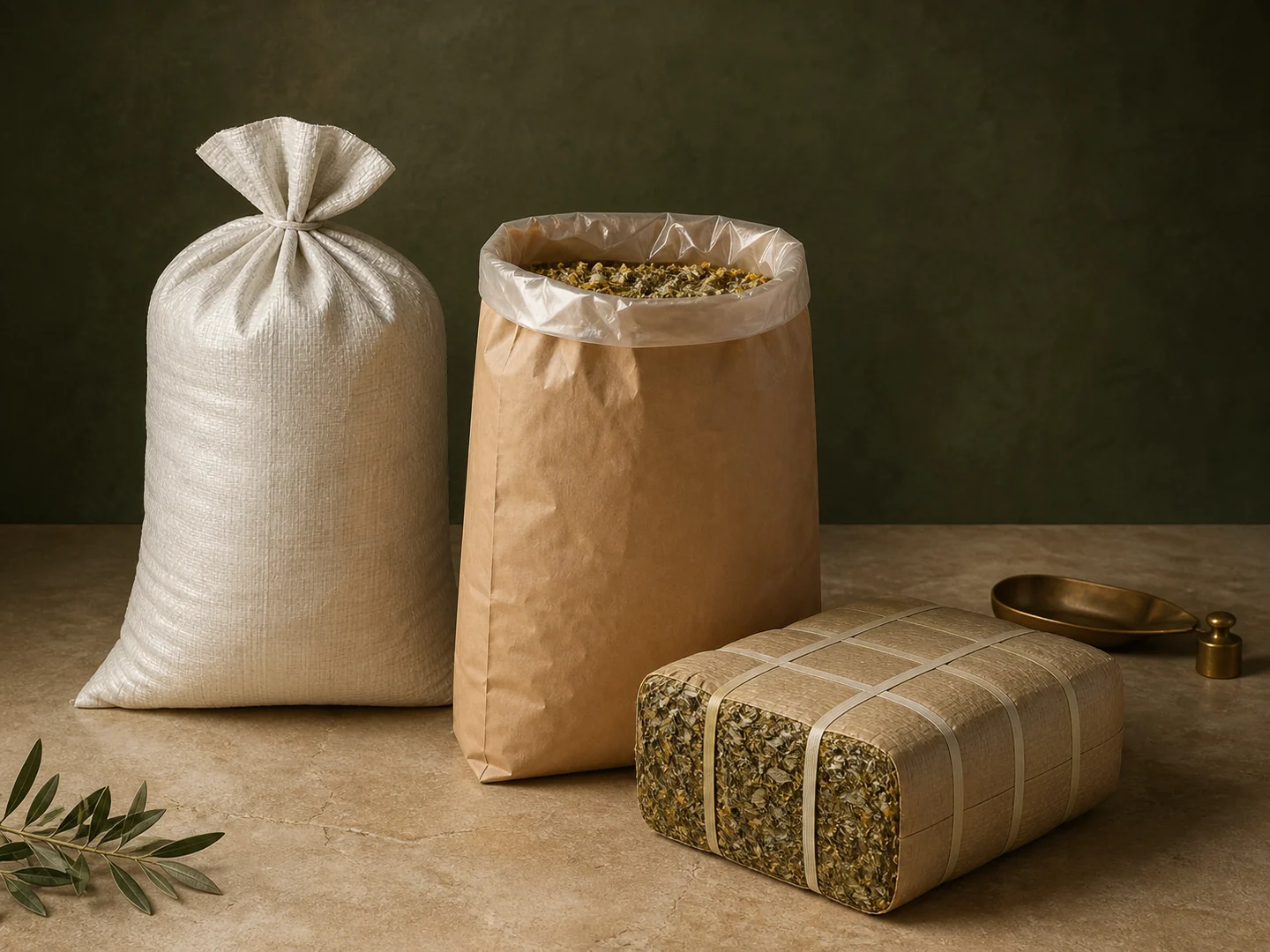 Editorial presentation of bulk export packaging formats including woven sacks, lined kraft bags and compressed bales