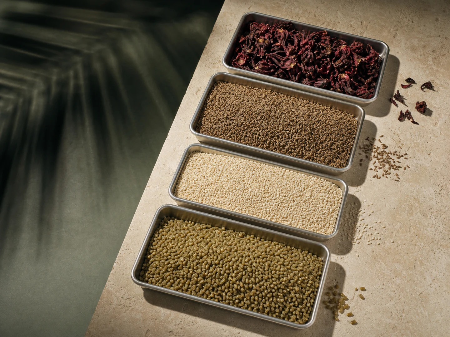 EL BADR export specimens: hibiscus, cumin, sesame and freekeh