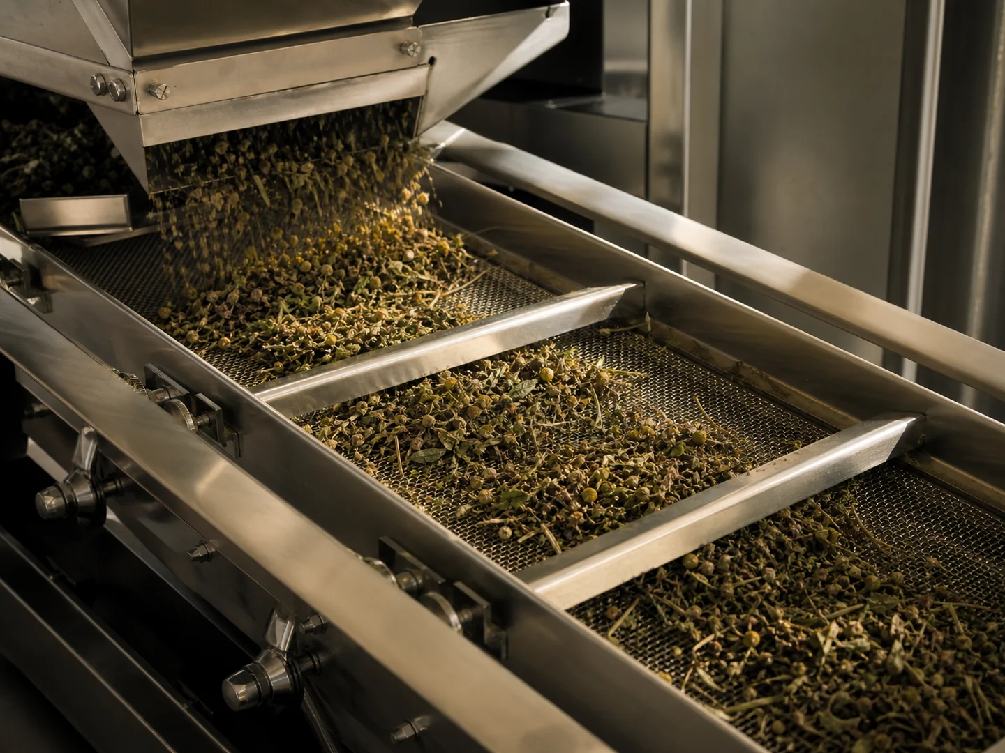 Editorial view of agricultural herbs passing through food-grade cleaning equipment