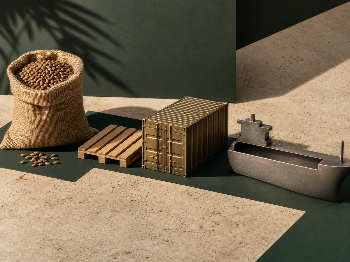 Editorial bulk export logistics sequence with sack, pallet, container and cargo vessel