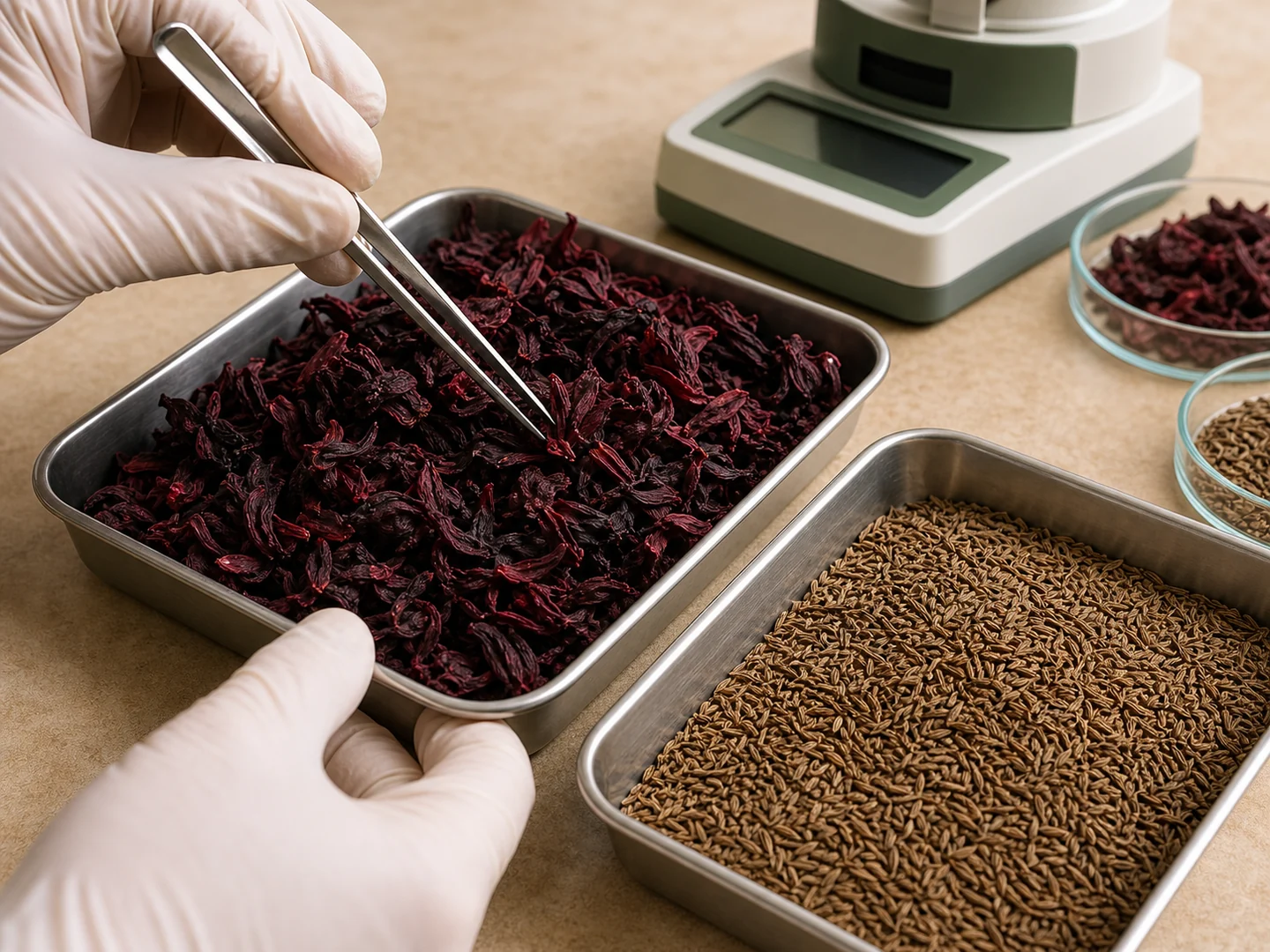 Editorial agricultural quality inspection with hibiscus and cumin export samples
