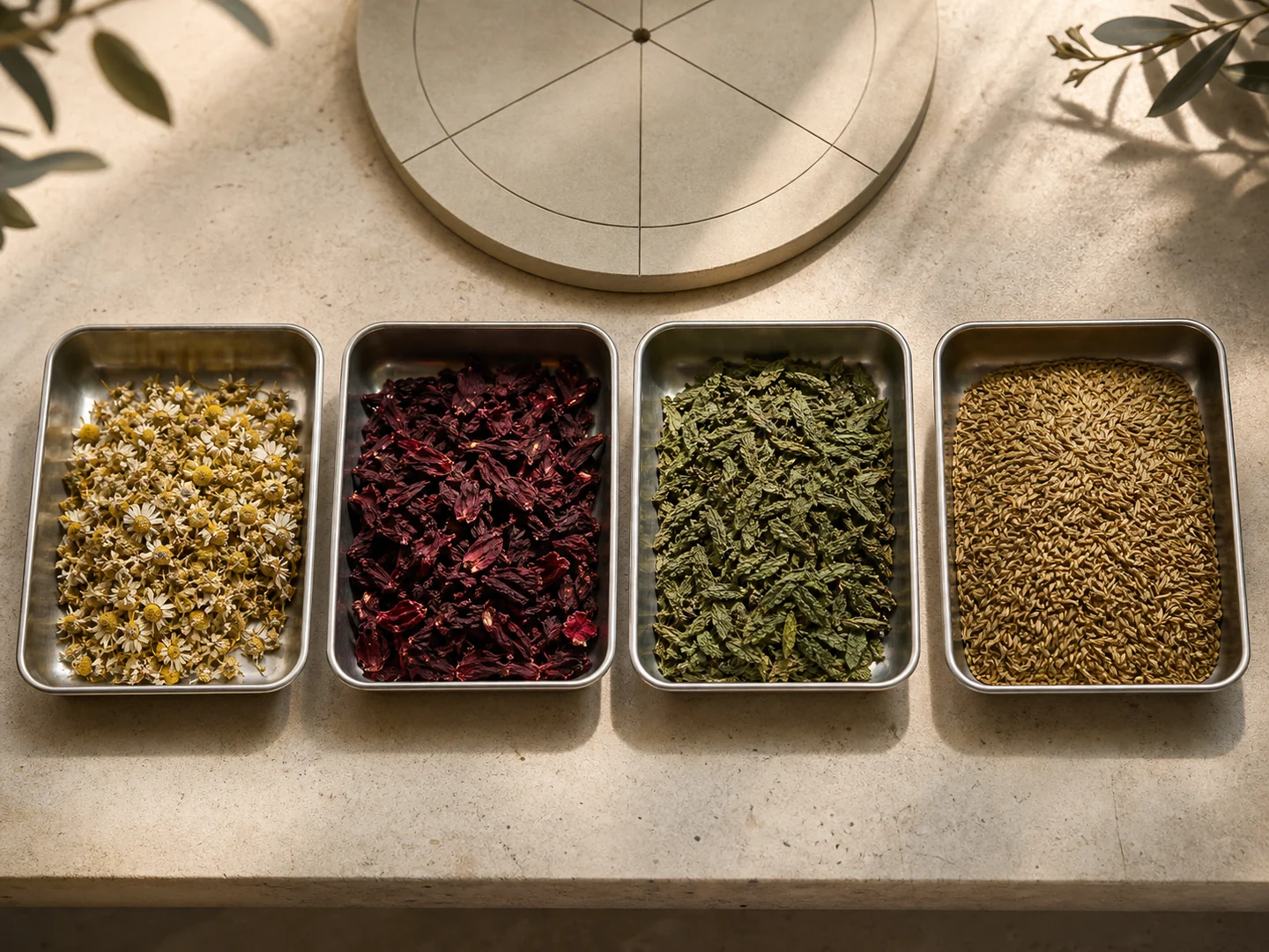 Editorial selection of chamomile, hibiscus, mint and seed samples representing seasonal availability