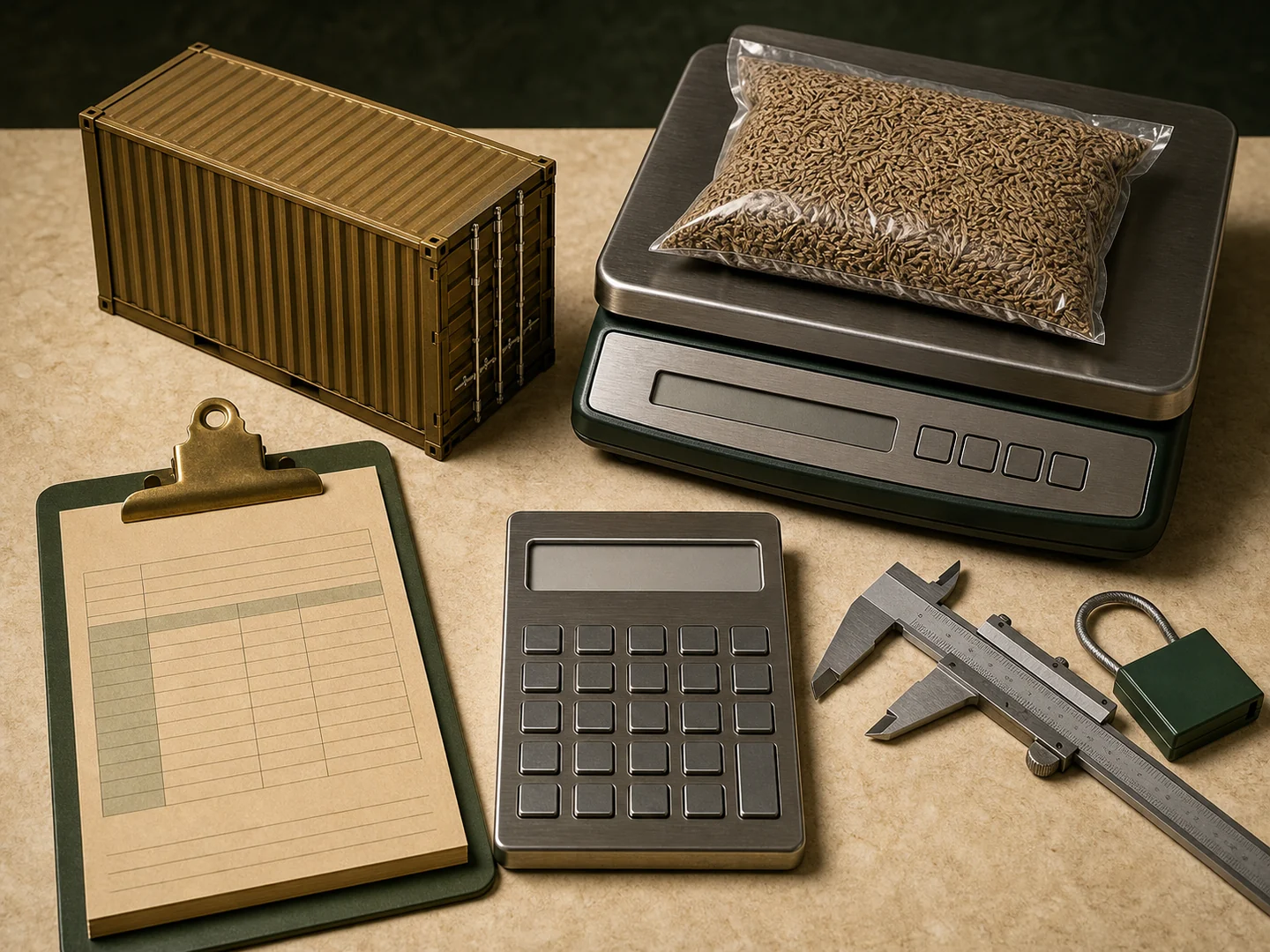 Editorial freight-planning desk with agricultural sample, scale, calculator and cargo-container model
