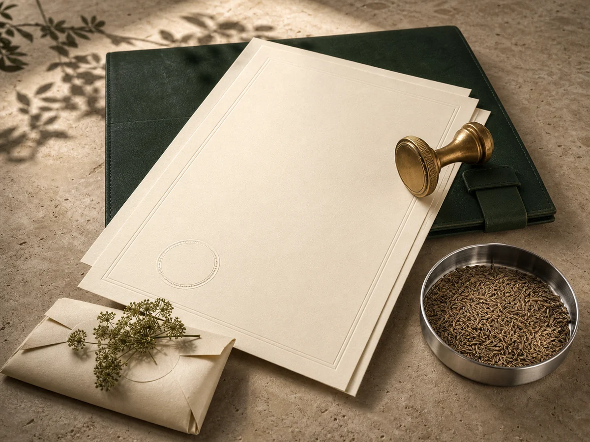 Editorial export compliance folio with neutral documents, seal and agricultural sample